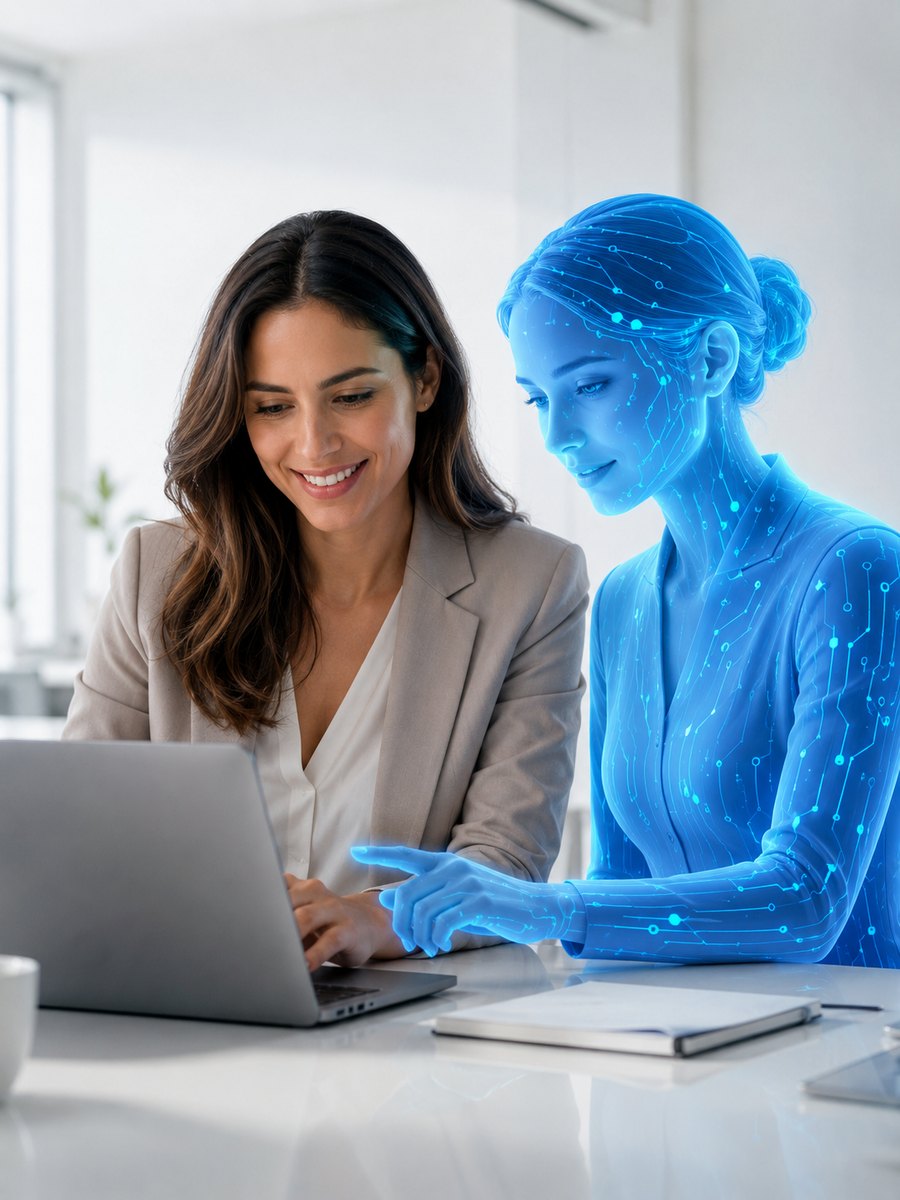 Mitarbeiterin arbeitet lächelnd am Laptop, daneben eine unterstützende KI-Figur, die auf den Bildschirm zeigt.